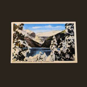 6/$15 Vintage Unused Linen Postcard Lake Louise “Summer Snow Storm” Banff